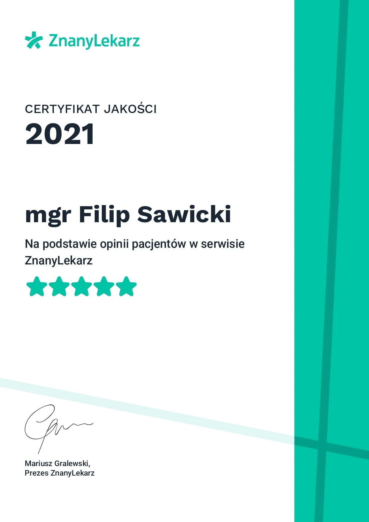 Certyfikat Najlepsza Jakość ZnanyLekarz 2021