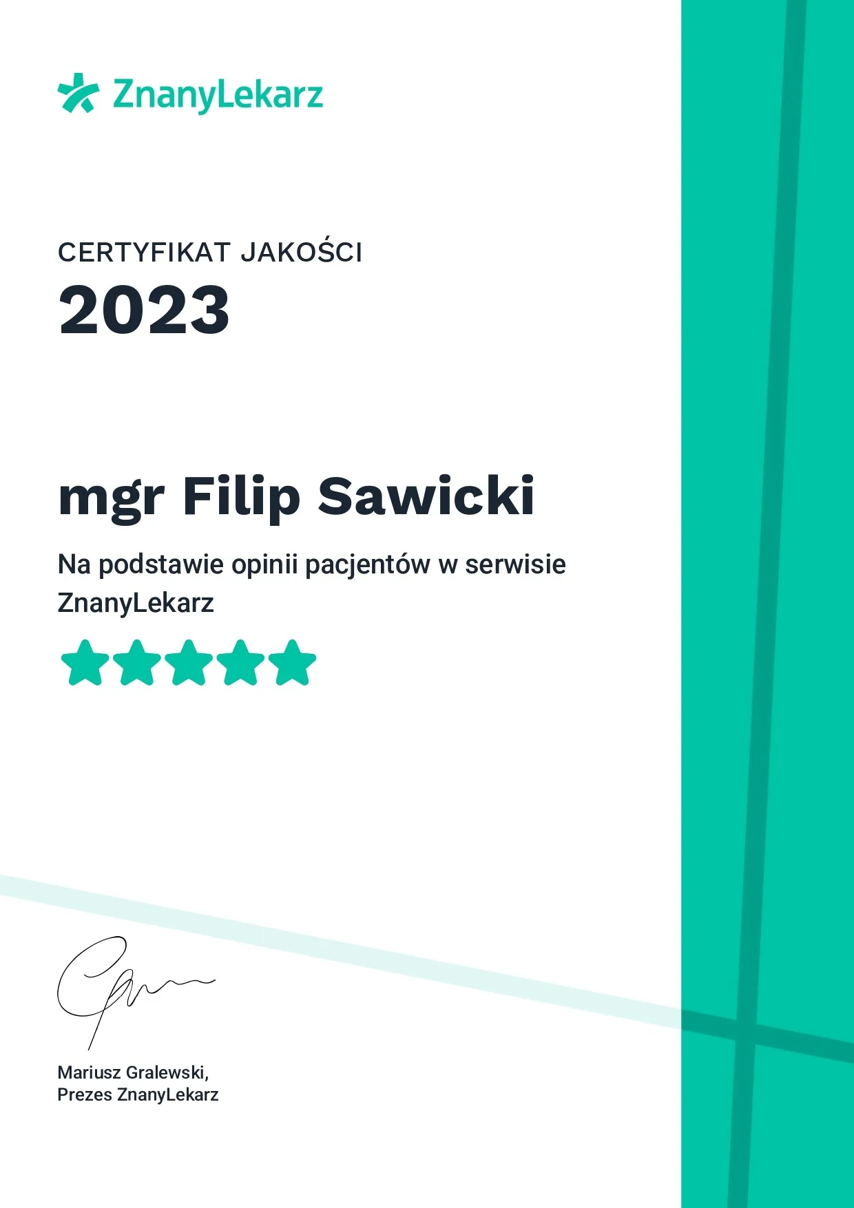 Certyfikat Najlepsza Jakość ZnanyLekarz 2023